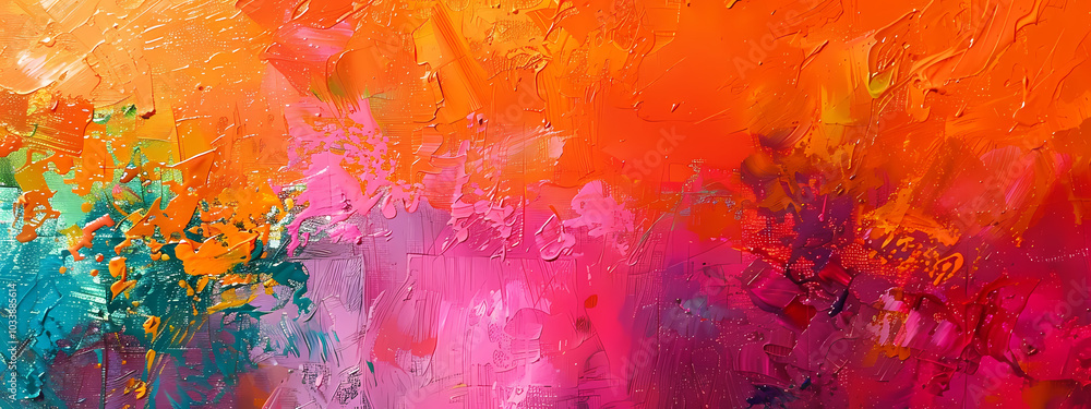 Fototapeta premium A vibrant abstract painting featuring a blend of orange, pink, and teal hues, creating a warm and energetic atmosphere.