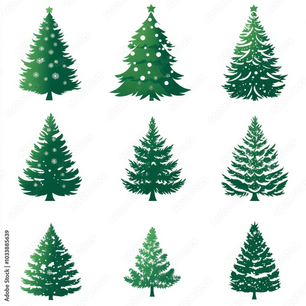 Fototapeta premium Various fir trees in a Christmas collection. Illustration for a modern Christmas theme.