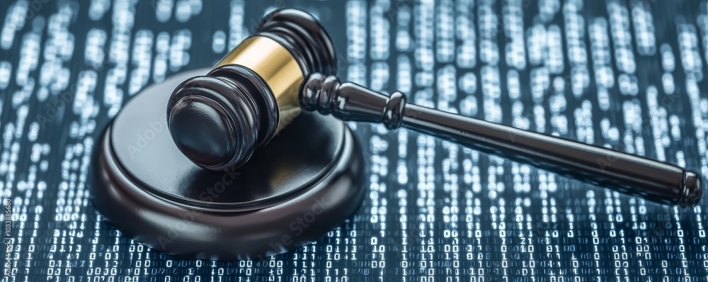 Gavel on digital background, symbolizing law and justice in modern society. Gavel on digital background, symbolizing law and justice in modern society.