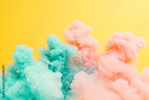 This image showcases vibrant plumes of colorful smoke in pastel hues against a bright yellow backdrop, creating a dynamic and eye-catching visual effect.
