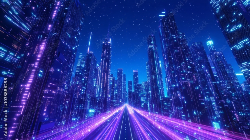 The motion effect illustration depicts abstract speed light trails in a futuristic smart city with neon skyscrapers