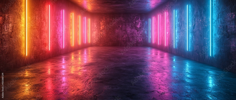 Modern neon lights in pink and blue illuminate this vibrant and creative hallway. Modern neon lights in pink and blue illuminate this vibrant and creative hallway.