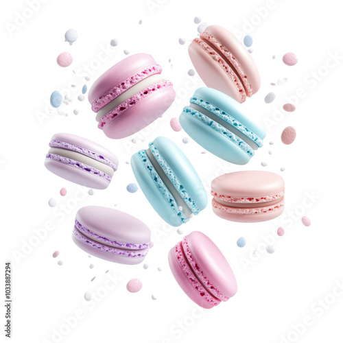 Delicate pastel macarons floating gracefully, showcasing their light texture and vibrant colors in a whimsical display.