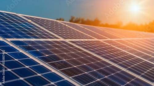 Solar panels under sunlight with blue sky and trees in the background.