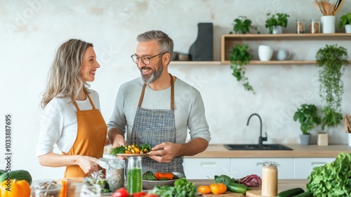 A joyful middle aged couple laughing and cooking together in a modern kitchen