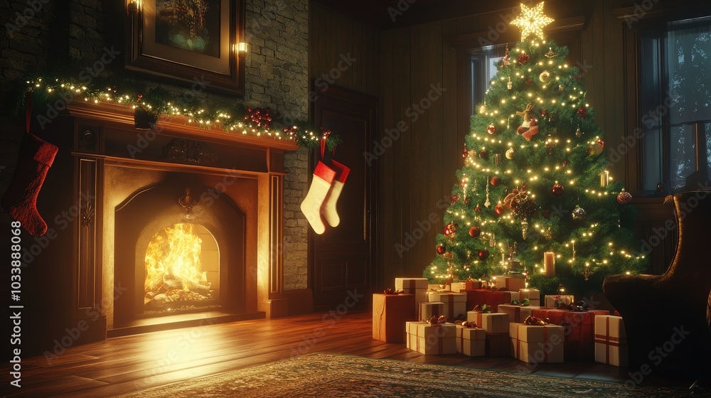 custom made wallpaper toronto digitalA fireplace in a living room with stockings hanging above, a Christmas tree glowing with lights, and neatly arranged gift boxes underneath.