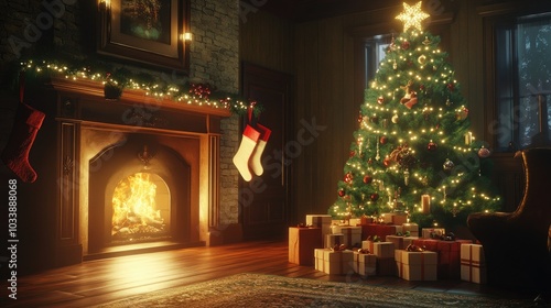 Wallpaper Mural A fireplace in a living room with stockings hanging above, a Christmas tree glowing with lights, and neatly arranged gift boxes underneath. Torontodigital.ca