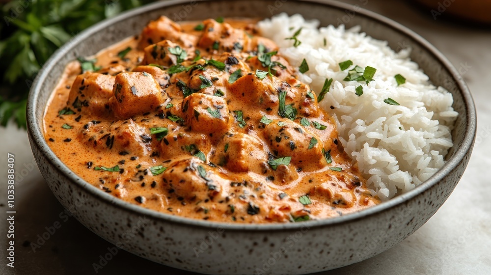 Creamy chicken dish served with rice, garnished with herbs. Creamy chicken dish served with rice, garnished with herbs.