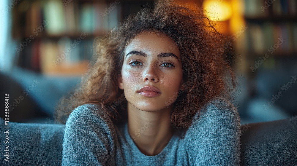 A woman with brown hair and blue eyes is sitting on a couch A woman with brown hair and blue eyes is sitting on a couch