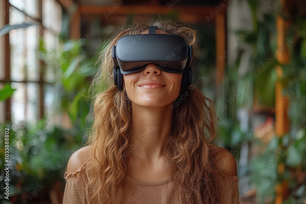 A woman wearing a virtual reality headset is smiling A woman wearing a virtual reality headset is smiling