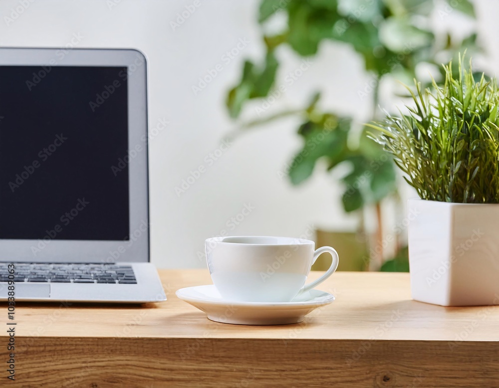 close-up of a workspace equipped with a computer, a cup of coffee, generative ai