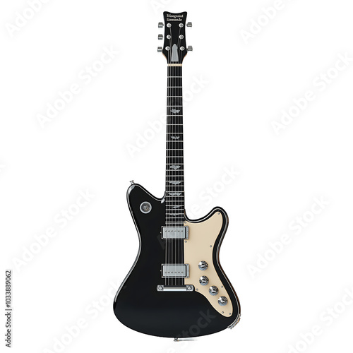 Sleek black electric guitar with chrome accents