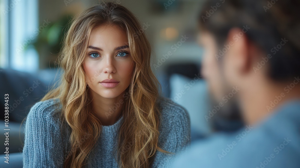 Fototapeta premium A woman with long blonde hair is looking at a man