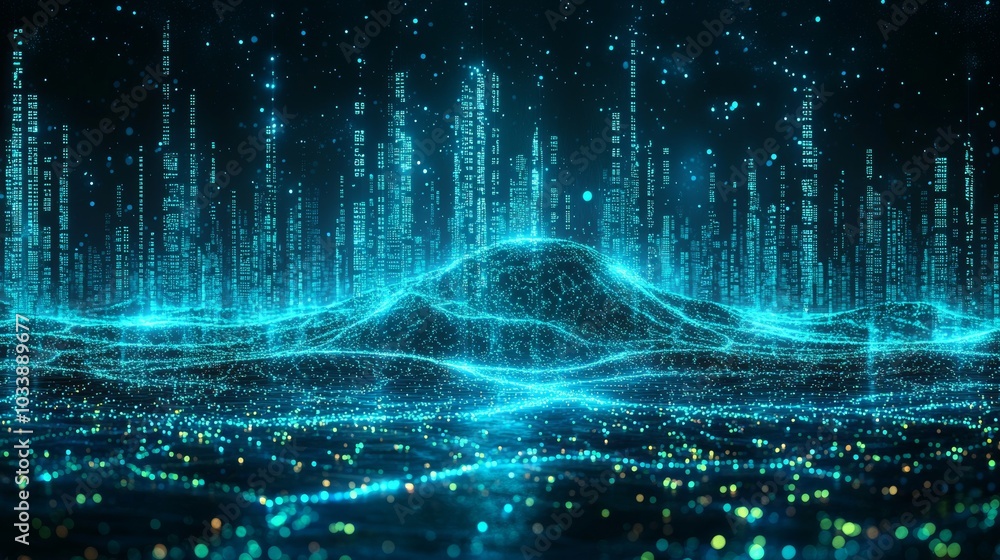 In a futuristic scene reminiscent of a cybernetic world, glowing blue digital codes rain downward in a vertical pattern In a futuristic scene reminiscent of a cybernetic world, glowing blue digital codes rain downward in a vertical pattern