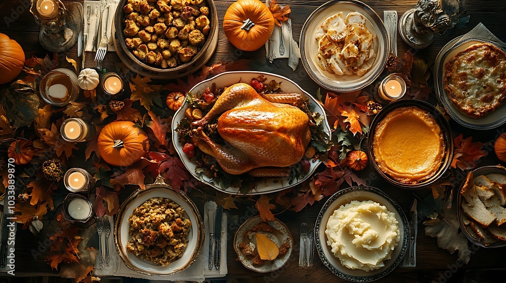 An overhead shot of a festive Thanksgiving table filled with classic dishes like turkey, mashed potatoes, stuffing, and pumpkin pie, all surrounded by autumn leaves, candles, and pumpkins. An overhead shot of a festive Thanksgiving table filled with classic dishes like turkey, mashed potatoes, stuffing, and pumpkin pie, all surrounded by autumn leaves, candles, and pumpkins.