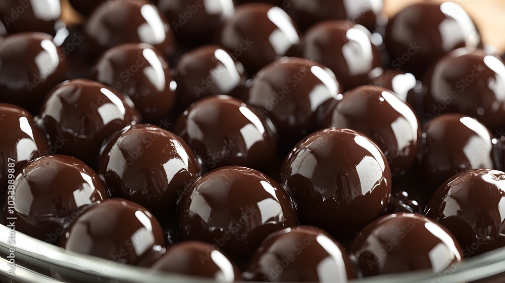 A close-up of shiny chocolate truffles arranged in a bowl. A close-up of shiny chocolate truffles arranged in a bowl.