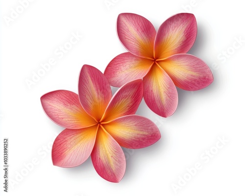 There are two Plumeria flowers isolated on a white background. Frangipani Design Element.