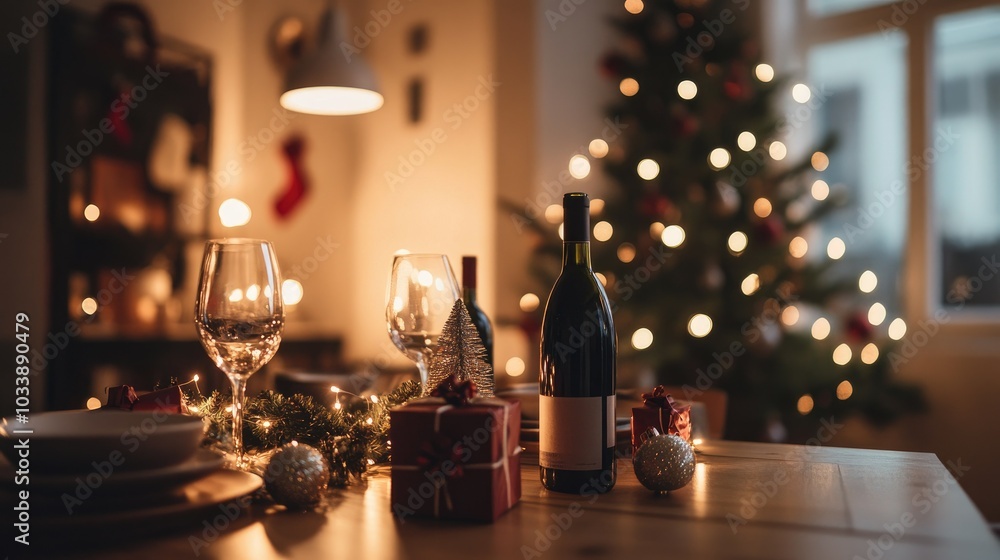A modern dining room with a minimalist Christmas decor, featuring wine bottles, a small tree, fairy lights, and gift boxes adding a festive touch to the table. A modern dining room with a minimalist Christmas decor, featuring wine bottles, a small tree, fairy lights, and gift boxes adding a festive touch to the table.