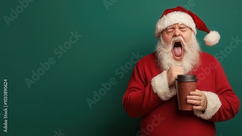 Santa caught mid-yawn in the middle of delivering presents, rubbing his eyes as he steps out of his sleigh, coffee in hand photo