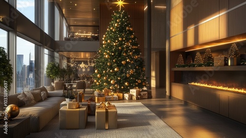 Wallpaper Mural A modern living room filled with holiday cheer, featuring a Christmas tree adorned with gold ornaments, wrapped gifts, and warm, glowing lights. Torontodigital.ca