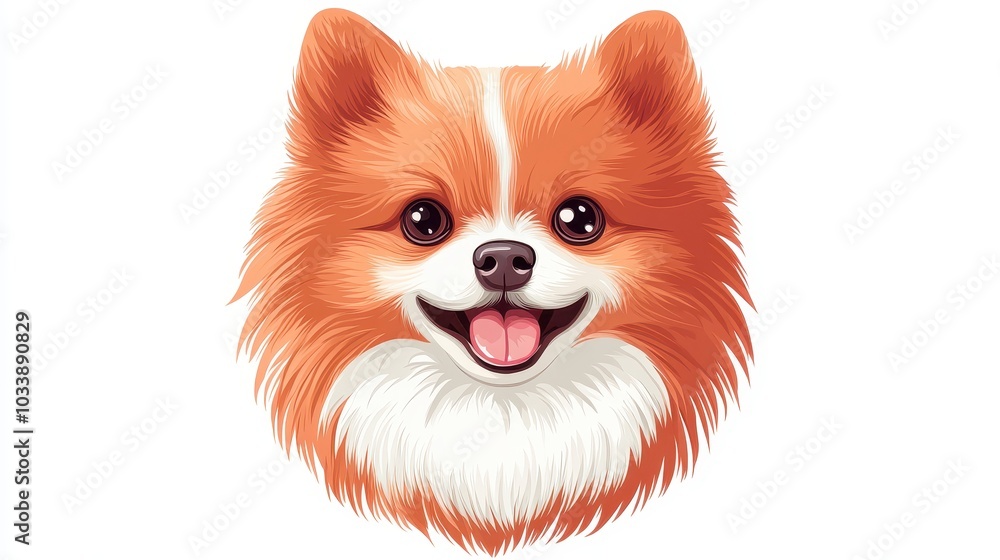 Obraz premium Pomeranian spitz dog illustration isolated on white background. Cute red and white toy dog face portrait for canine food, veterinary or dog grooming.