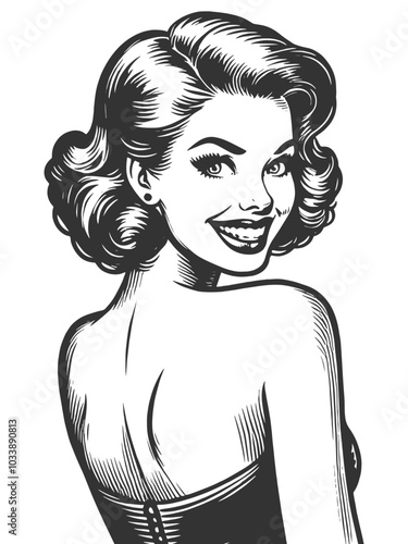 glamorous woman smiling over her shoulder, confidence and charm, classic beauty sketch engraving generative ai fictional character vector illustration. Scratch board imitation. Black and white image