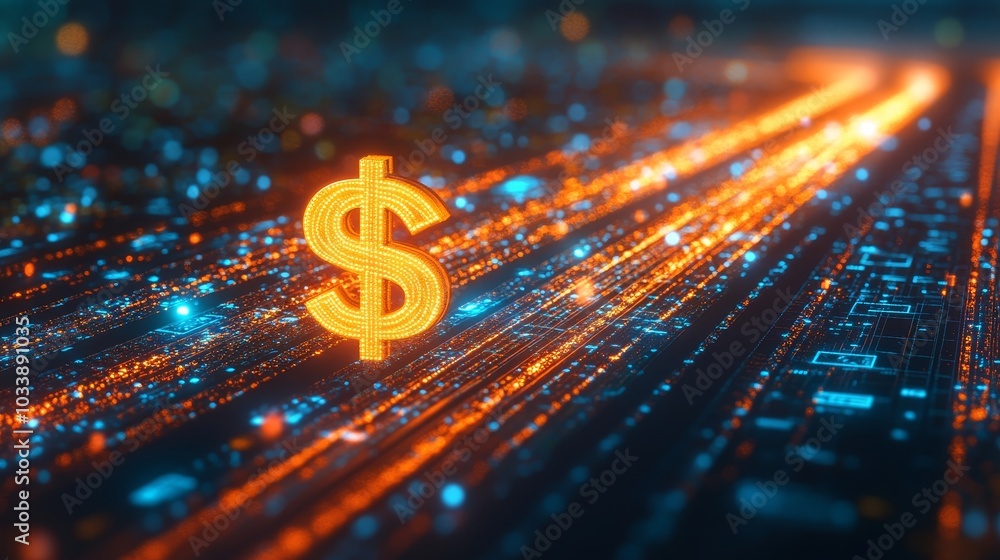 A neon dollar sign speeds along the digital data highway A neon dollar sign speeds along the digital data highway