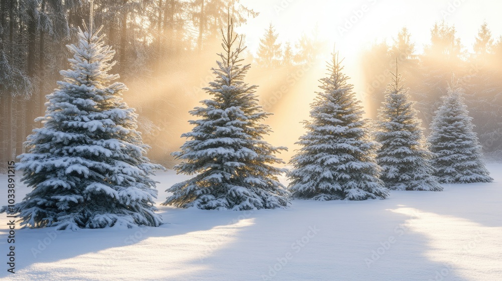 Fototapeta premium A row of snowy Christmas trees standing in a winter wonderland forest, with morning sunlight streaming through the branches.