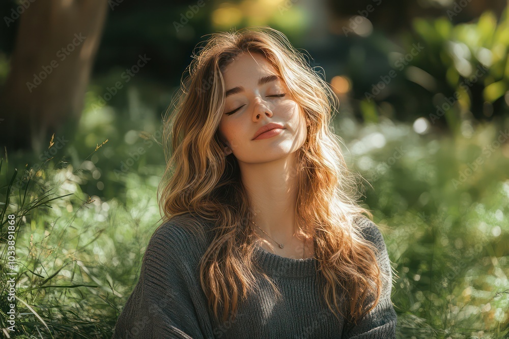 A woman with long blonde hair is sitting in a field of grass A woman with long blonde hair is sitting in a field of grass