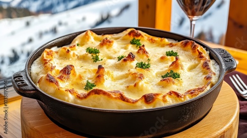 Plato de gratinado de papas con queso derretido en la superficie, servido en una cazuela de hierro fundido. 