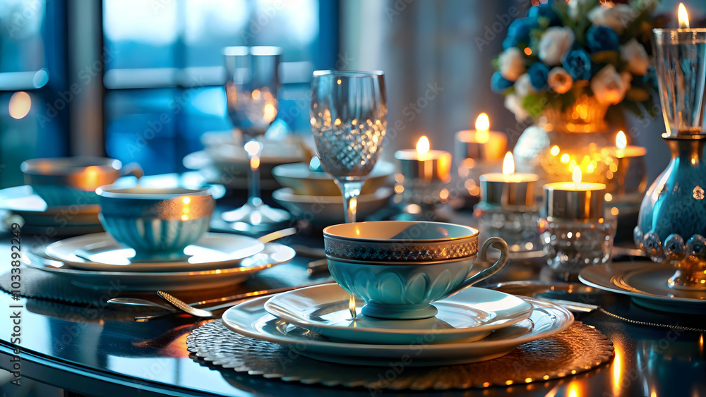 Elegant Dining Table Set with Glossy Background for Fine Dining - Ample Copy Space for Text Overlays Elegant Dining Table Set with Glossy Background for Fine Dining - Ample Copy Space for Text Overlays