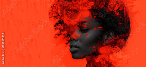 Abstract Portrait of Woman with Red Floral Elements
