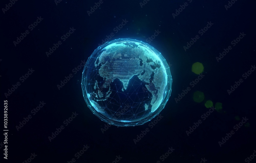 A glowing blue digital globe with a wireframe representation of the earth. A glowing blue digital globe with a wireframe representation of the earth.