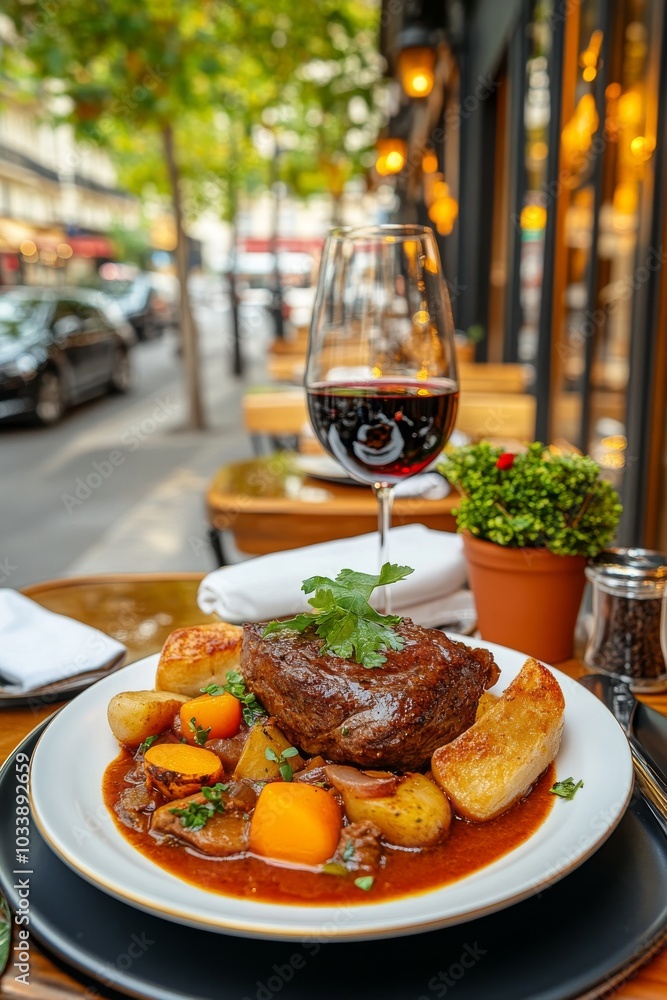 Plato de carne estofada con papas y zanahorias en una mesa de restaurante al aire libre, acompañado de una copa de vino tinto.
Plato de carne estofada con papas y zanahorias en una mesa de restaurante al aire libre, acompañado de una copa de vino tinto.