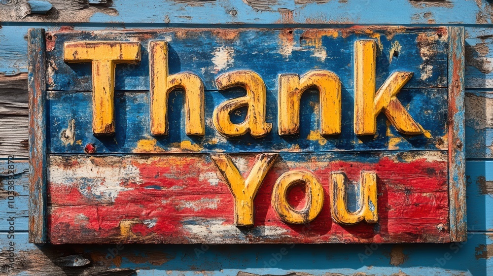 A vibrant and rustic wooden sign with the words 'Thank You' prominently displayed, featuring distressed paint in blue, yellow, and red hues on a weathered background A vibrant and rustic wooden sign with the words 'Thank You' prominently displayed, featuring distressed paint in blue, yellow, and red hues on a weathered background