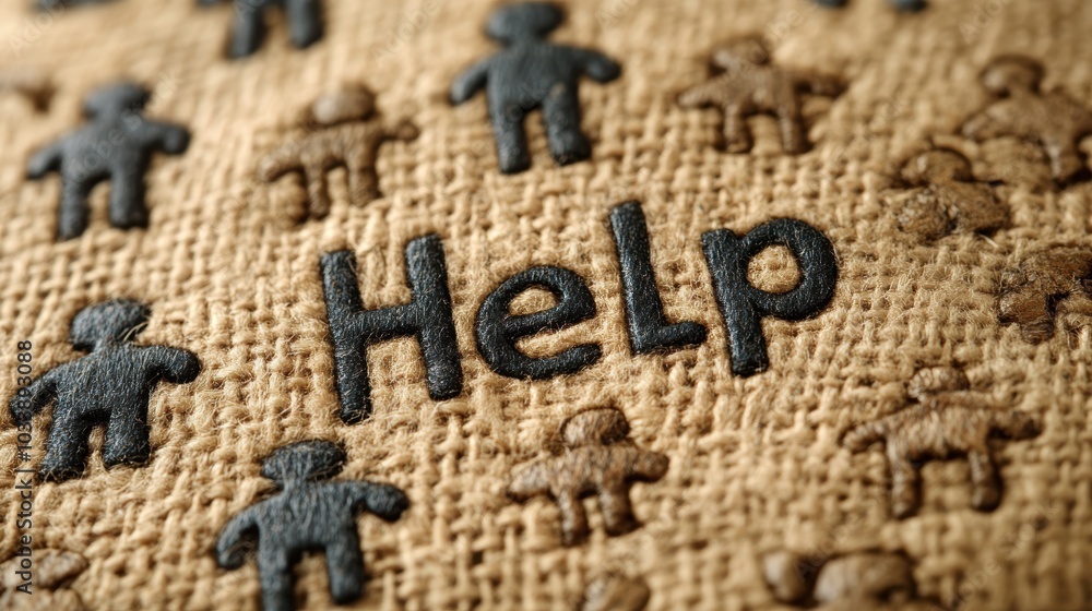 Close-up of a textured background featuring the word Help surrounded by various small human-like figures, conveying a sense of social support and community