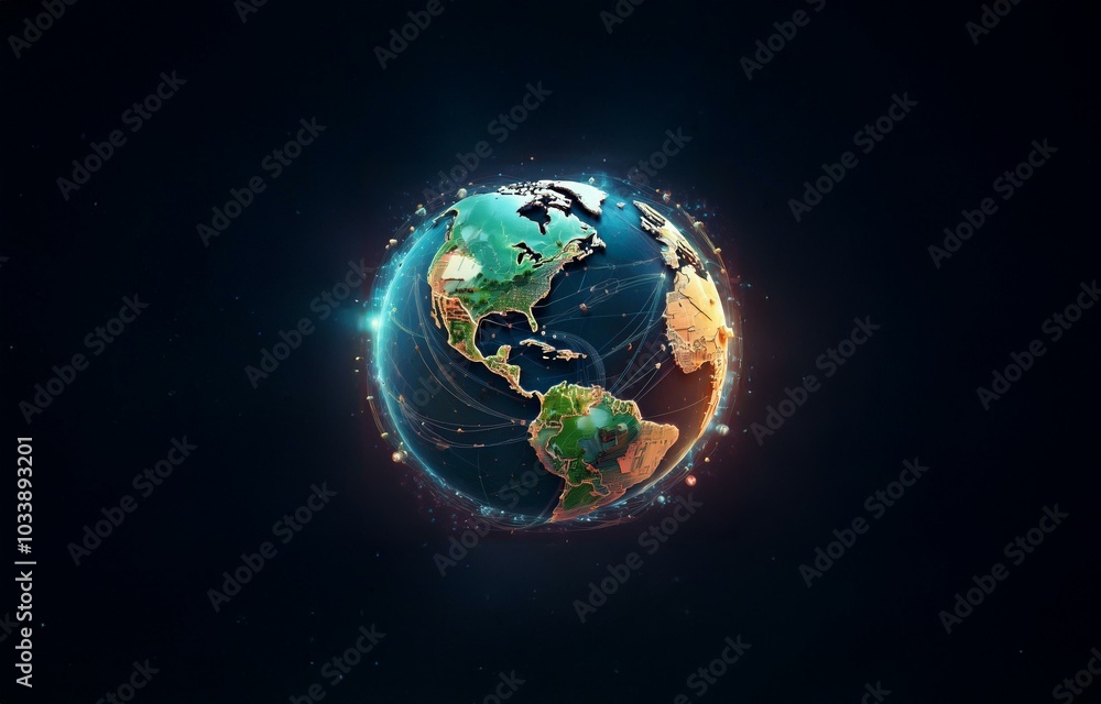 A stylized digital rendering of Earth in a deep space environment. The planet is illuminated by glowing lines, which connect and extend beyond the planet. A stylized digital rendering of Earth in a deep space environment. The planet is illuminated by glowing lines, which connect and extend beyond the planet.