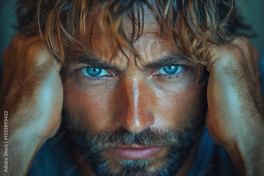 A man with a beard and blue eyes is wearing a blue shirt A man with a beard and blue eyes is wearing a blue shirt