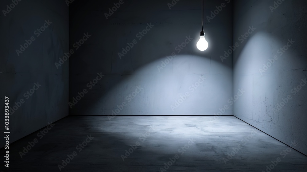 Dark empty room with single flickering light bulb casting long shadows, emphasizing absence of power and eerie atmosphere, minimalist setting with focus on light bulb's glow. Dark empty room with single flickering light bulb casting long shadows, emphasizing absence of power and eerie atmosphere, minimalist setting with focus on light bulb's glow.