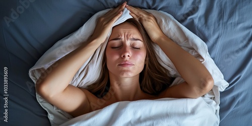 A woman tossing and turning in bed, covering her head with blankets to drown out the sound of her partner'ss snoring, her frustration clear, set in a cozy but dimly lit bedroom photo