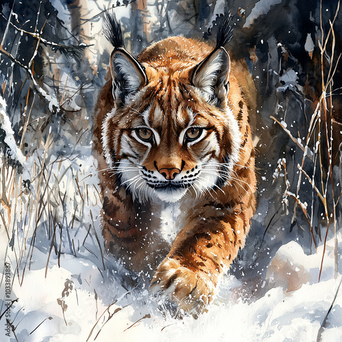 A lynx walks through snowy forest, focused gaze, tufted ears. photo