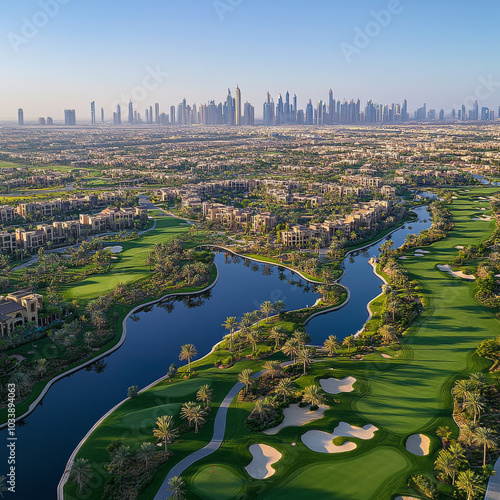 Aerial view of Jumeirah Golf Club and upscale residential area with green spaces, lake, and palm trees, Dubai, United Arab Emirates. photo