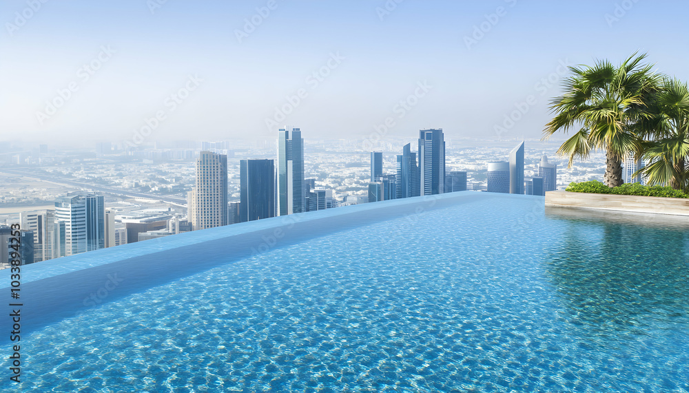 Obraz premium Infinity pool with panoramic city skyline view and palm tree in the foreground.