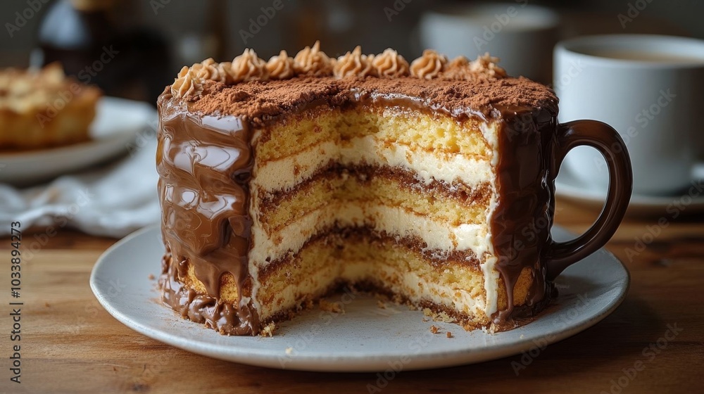 A layered cake designed as a coffee mug. A layered cake designed as a coffee mug.