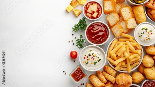 Wallpaper Mural Un surtido de diferentes snacks como papas fritas, pan frito y salsas variadas, dispuestos en un lado de la mesa.
 Torontodigital.ca