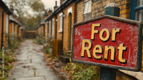 A nostalgic, autumn scene with a vintage For Rent sign on a narrow, tree-lined street of charming, old brick houses photo