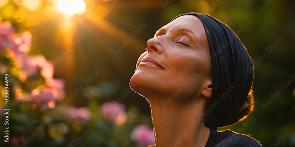 A woman with cancer meditating in a peaceful garden, surrounded by flowers and sunlight, her eyes closed in peaceful contemplation, creating a serene, healing atmosphere A woman with cancer meditating in a peaceful garden, surrounded by flowers and sunlight, her eyes closed in peaceful contemplation, creating a serene, healing atmosphere