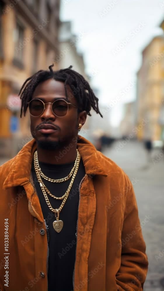 A man with dreadlocks and sunglasses stands on a street. He is wearing a brown jacket and a black shirt A man with dreadlocks and sunglasses stands on a street. He is wearing a brown jacket and a black shirt