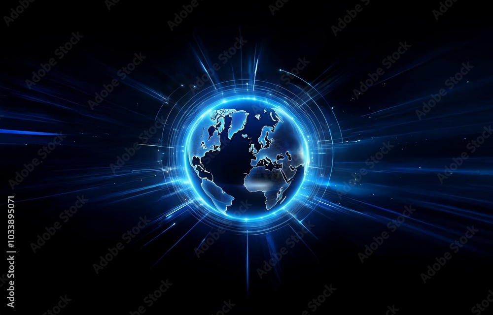 A glowing blue digital globe surrounded by lines of light radiating outwards on a black background. A glowing blue digital globe surrounded by lines of light radiating outwards on a black background.