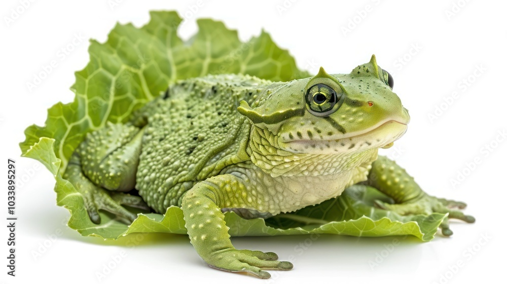 Obraz premium Closeup portrait of a vibrant green frog perched on a lush green leaf in a natural outdoor setting The amphibian s detailed skin texture expressive eyes and within the foliage create a captivating
